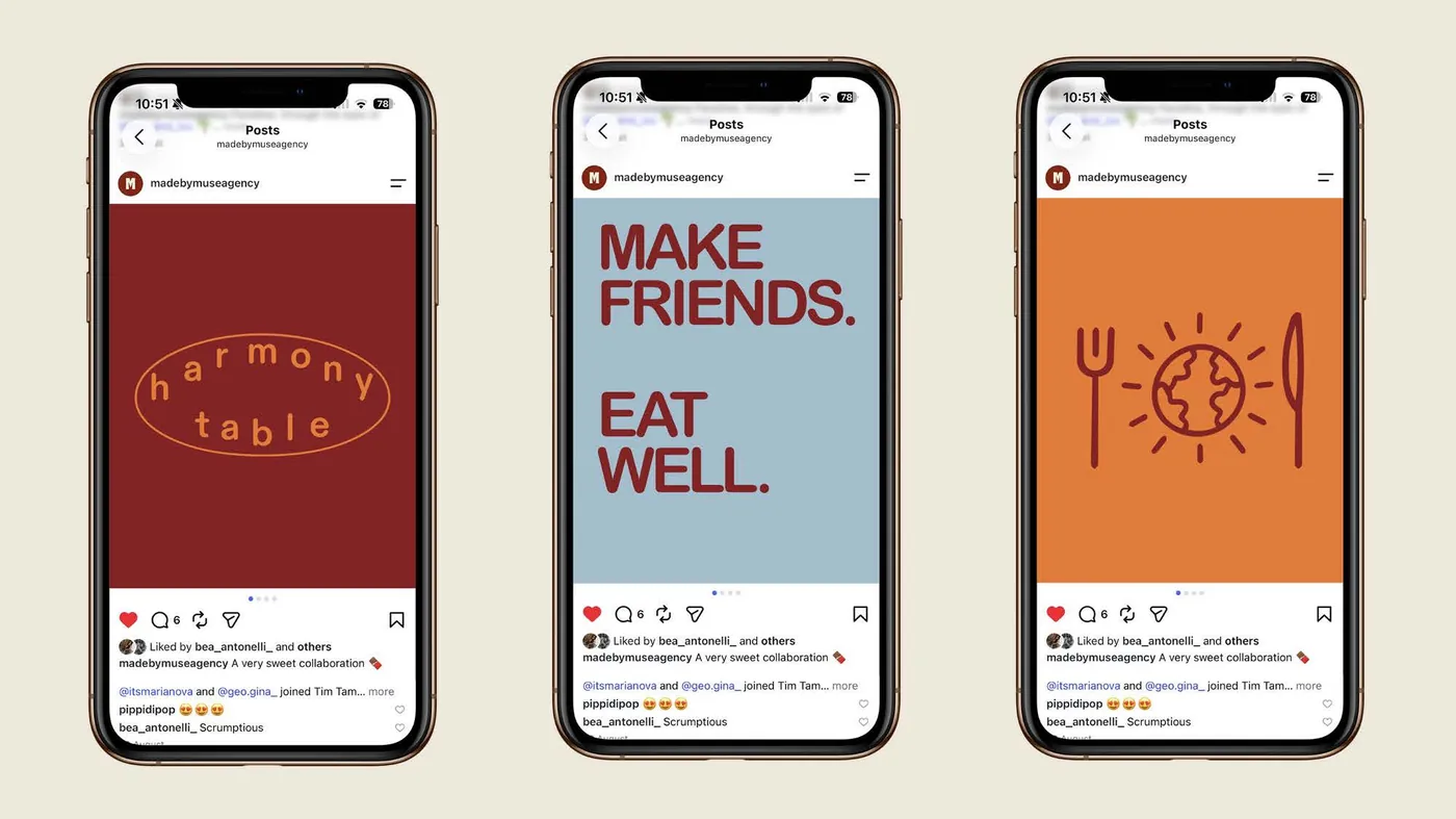 Harmony Table Instagram post designs shown on phone screens