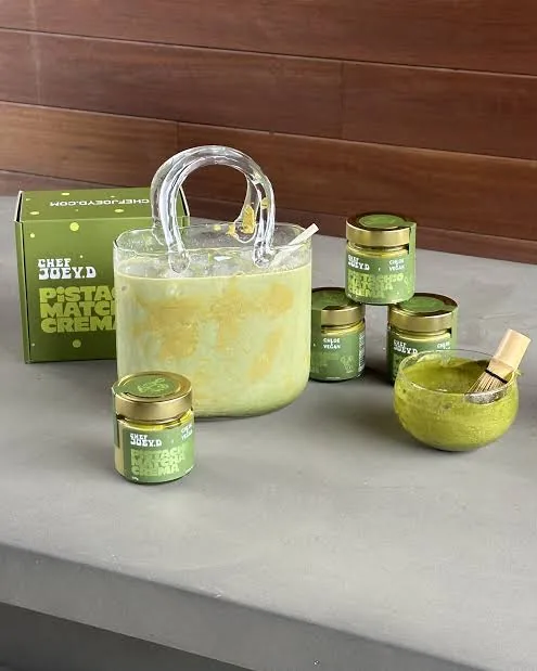 Pistachio Matcha Crema styled with matcha bowl and whisk