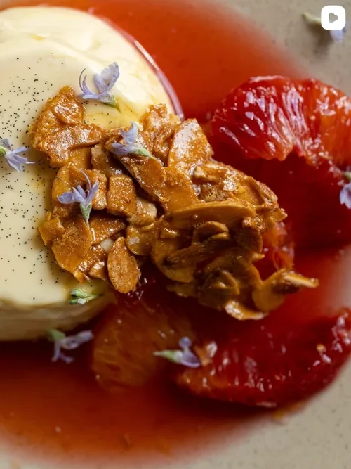 Made By Muse Instagram - Vanilla dessert with toasted almonds, blood orange and edible flowers